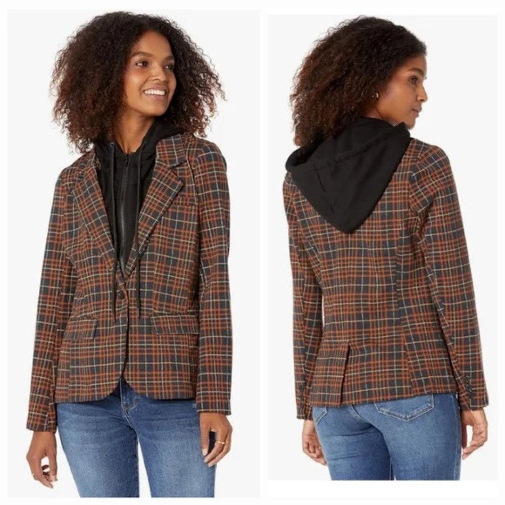 Liverpool Dickey Blazer Plaid Hooded Jacket Brown Rust Career Casual Small